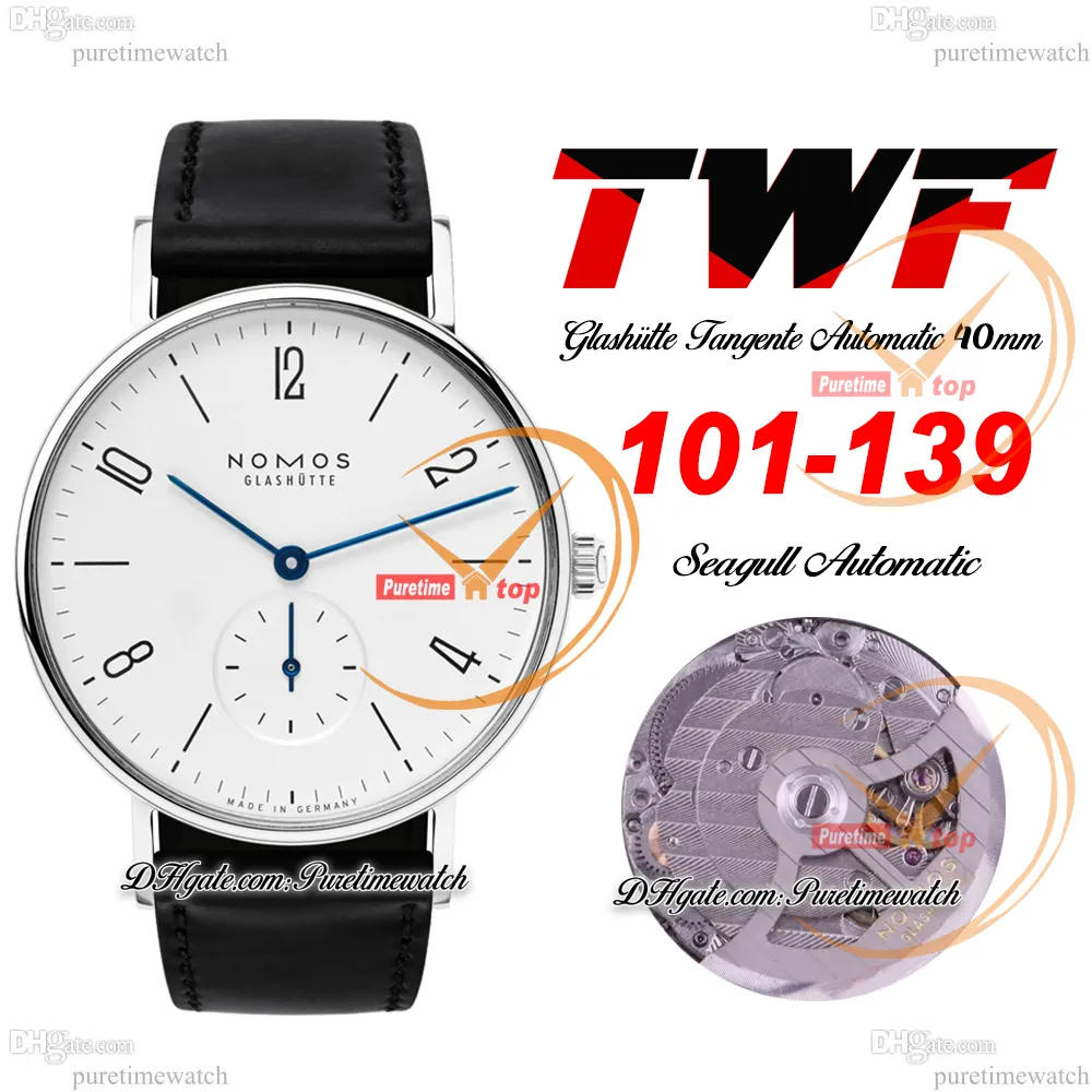 Nomos Tangente 101-139 Автоматические мужские часы TWF 40 мм Стальной корпус Белый циферблат Римские маркеры Черный кожаный ремешок Немецкий бренд Super Edition Reloj Hombre Puretime B2