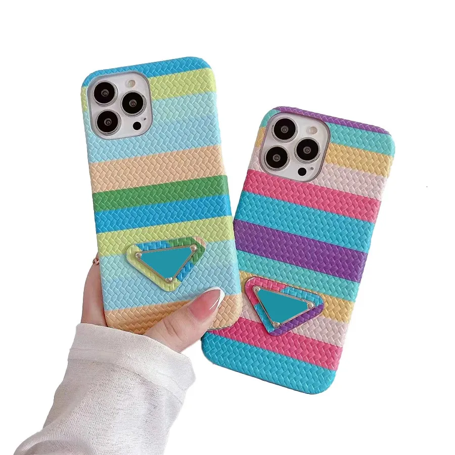 Cell Phone Cases Colorful metal phone case woven leather texture suitable for iPhone 14 11 Pro Max 12 13 Mini Xs XR 7 8 Plus Se half pocket cover 231202