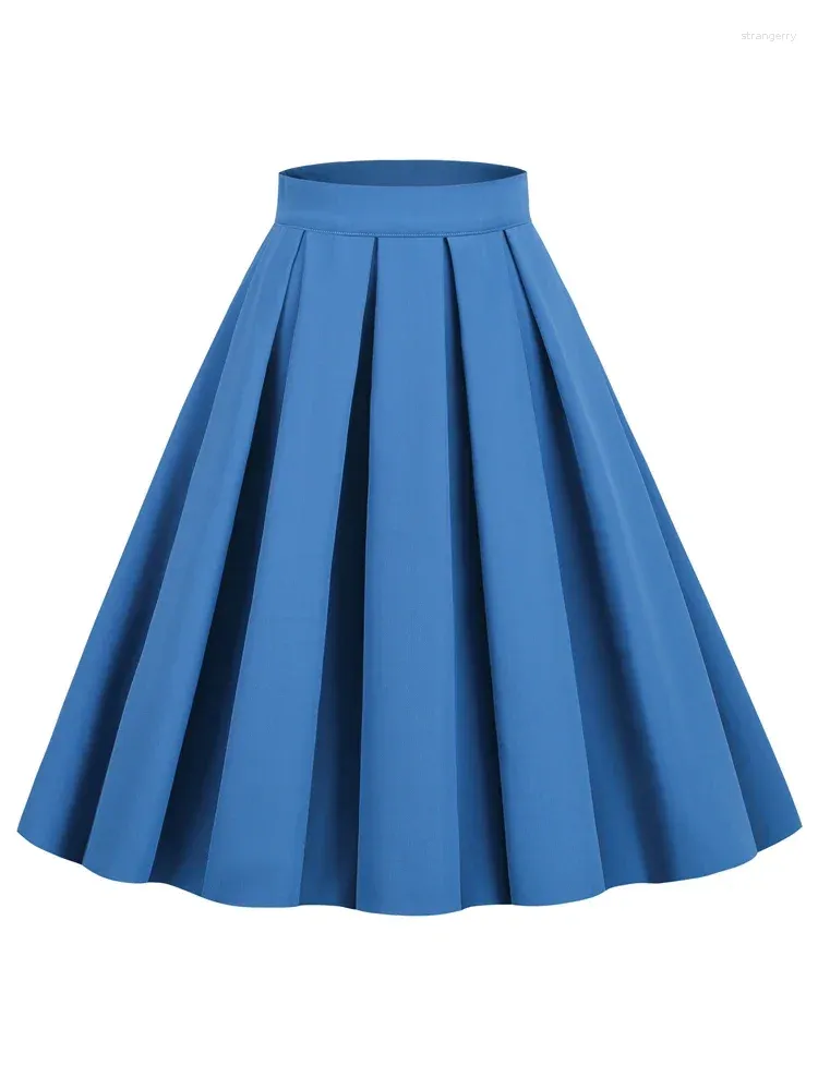 Kjolar solid 50-tal vintage veckad midi kjol kvinnor eleganta kläder hepburn stil swing retro a-line blå faldas