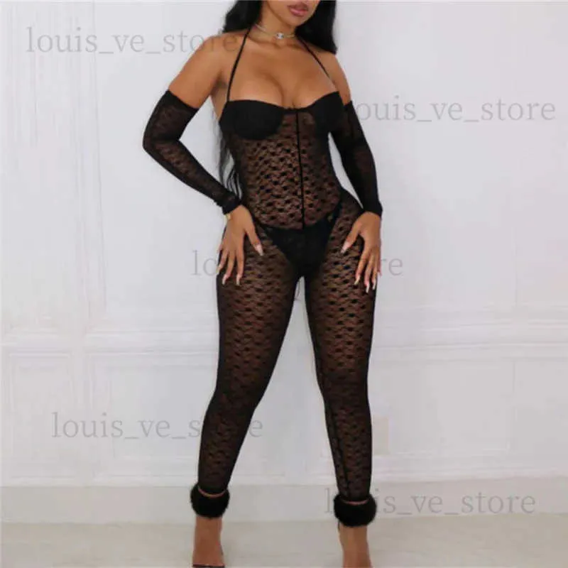 Dames Jumpsuits Rompertjes Zwart gebloemd kant Sheer Mesh Jumpsuits Dames Sexy See Through Strapless Lace Up Halter Lange mouwen Cover Club Party Rompertjes T231202