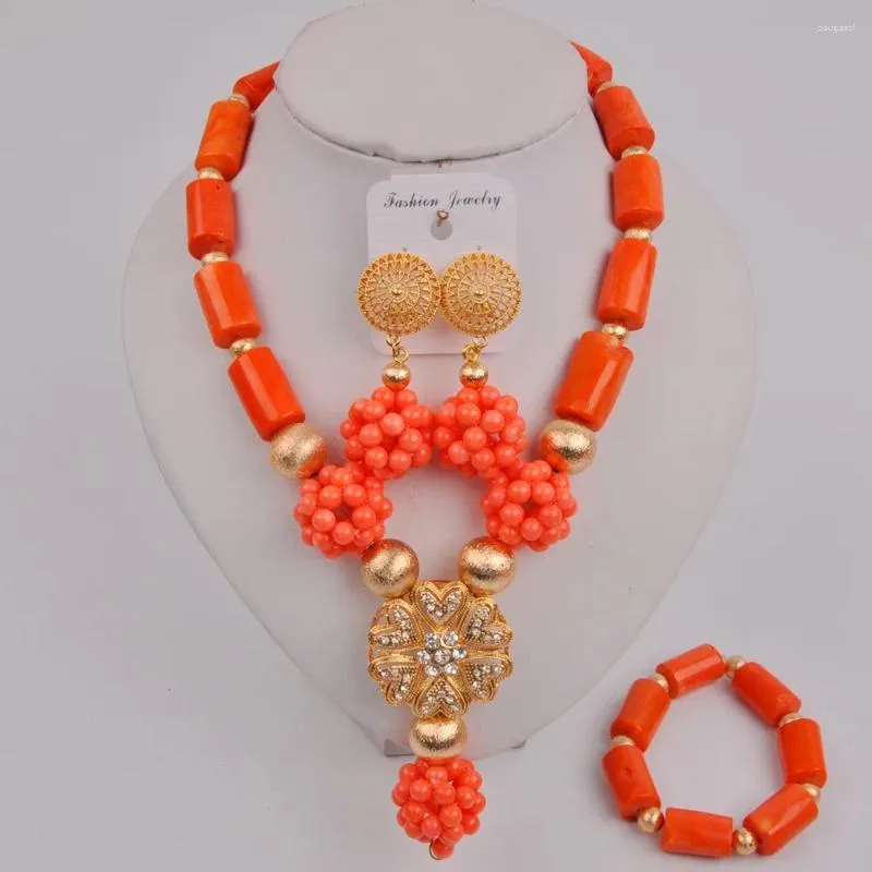 Halsbandörhängen Set Fashion Orange Nigerian Coral Beads African Wedding Jewelry for Women 12-K-03