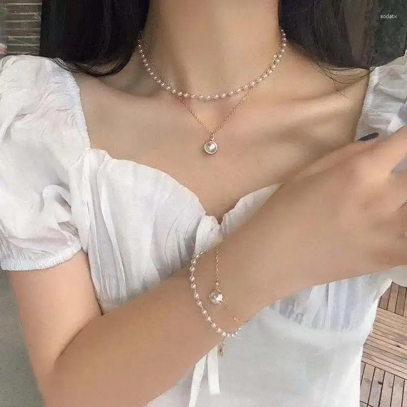 Hängen Ventfille Sterling Silver Fashion Pearl Necklace Women Cute Double Layer Beaded Chain Pendant Jewelry Gift Wholesale