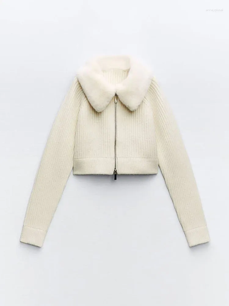 Women's Jackets Spring Warmer Faux Fur Lapel Collar Knit Cardigan Jacket Long Sleeve Zipper White Sweater Coat Female