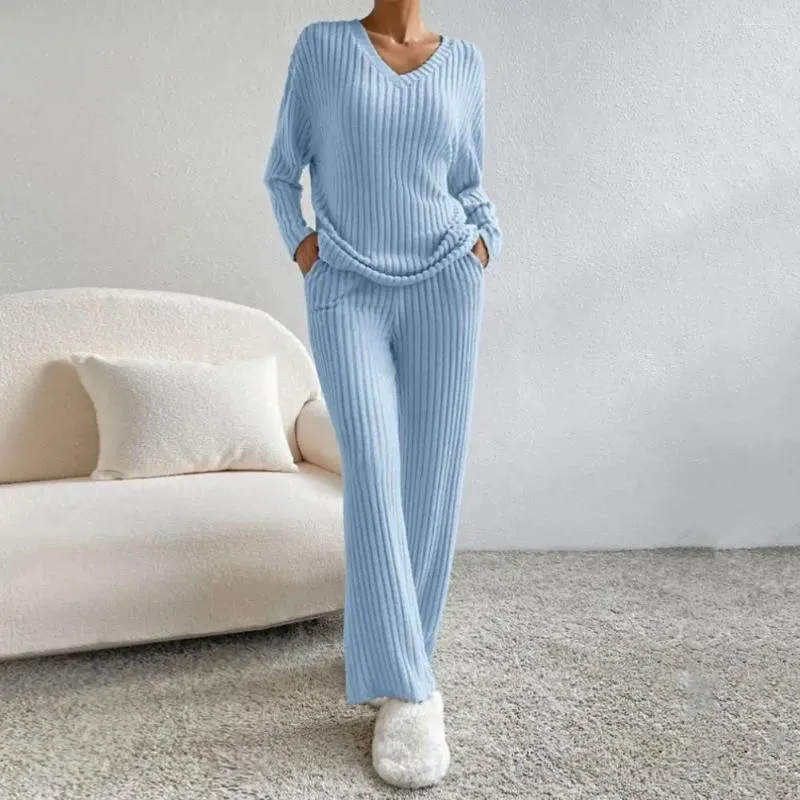 Conjunto de pijama de punto acanalado con pantalones de dos piezas para mujer, suéter de punto acogedor para invierno, elegante cuello en V, ajuste holgado, cintura elástica para otoño/invierno