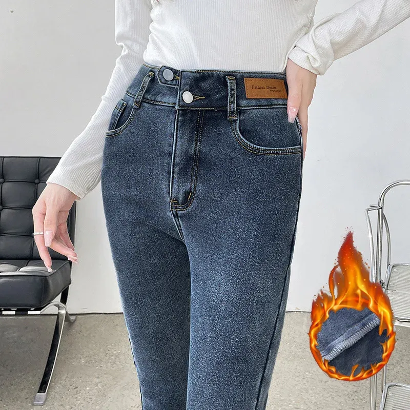 Womens Jeans Winter Fashion Women Thermal Fleece Denim Jeggings Trousers  Warm Faux Designer Lady High Waist Slim Pencil Pants 231201 From Kai03,  $21.31