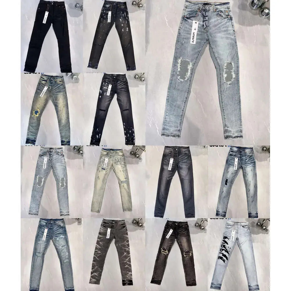 Jeans firmati per pantaloni da uomo Jeans viola Jeans viola Jeans da uomo Tendenze Distressed Nero Strappato Biker Slim Fit Moto Mans Stacked H8