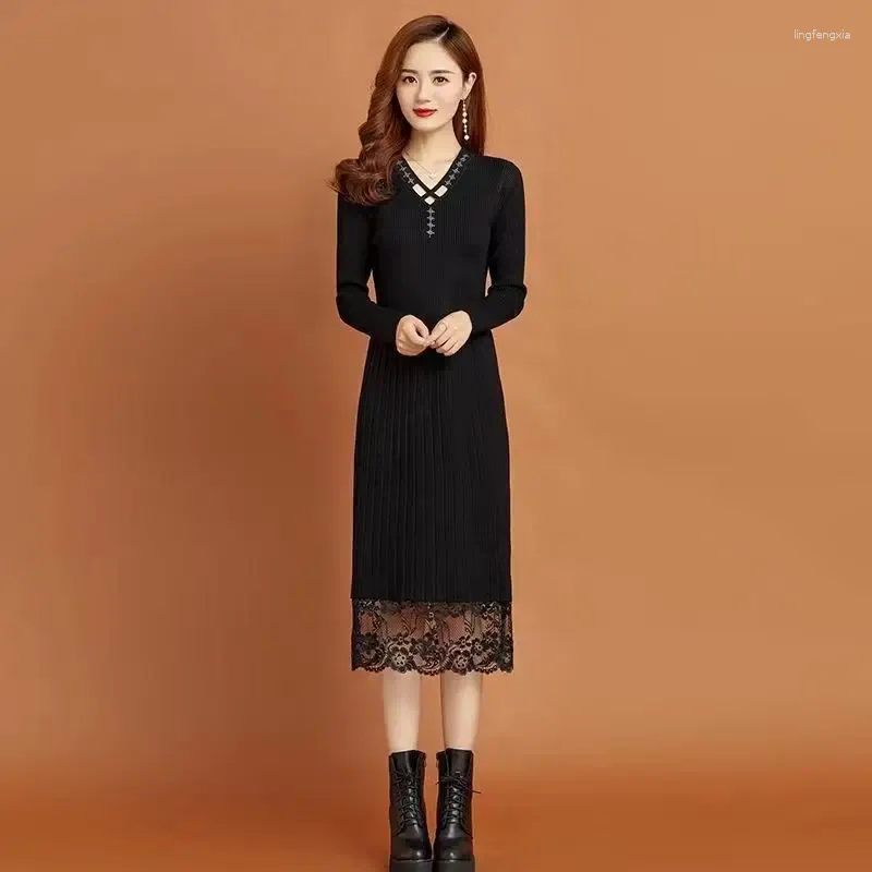 Casual Dresses V-neck Knitted Dress For Women Autumn Winter 2023 Korean Style Mid-length Sweater Woman Elegant Gowns Party