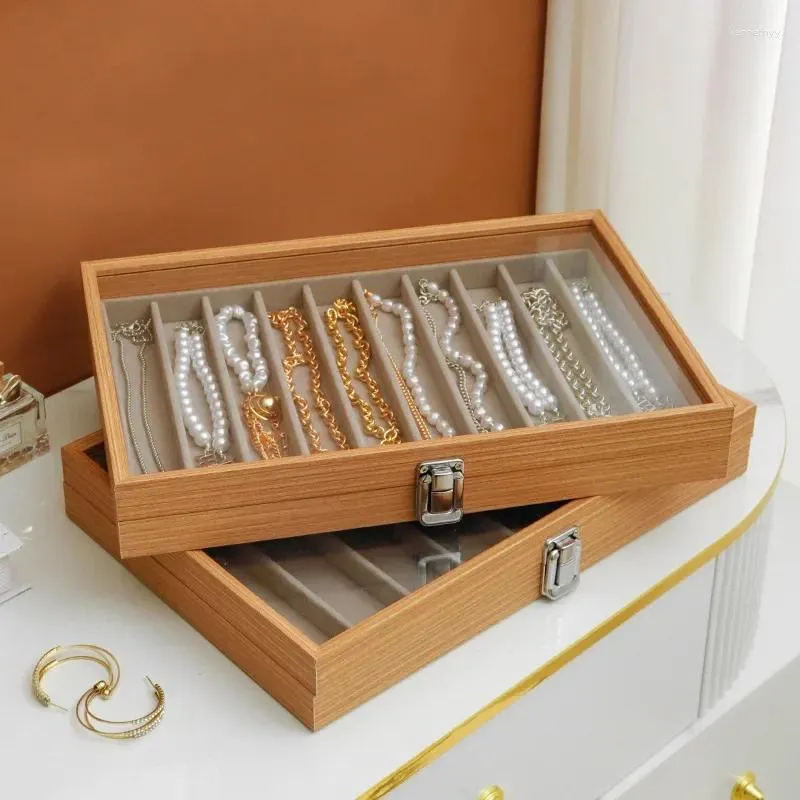 Jewelry Pouches 1pc 10-grid Wooden Box With Visible Window Lid Dustproof Storage Basket For Necklaces Organizer