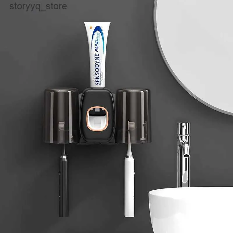 Suportes de escova de dentes Suporte de escova de dentes de parede Rack de armazenamento com 2 copos Espremedor de pasta de dente automático Organizador Acessórios de banheiro definidos para casa Q231203