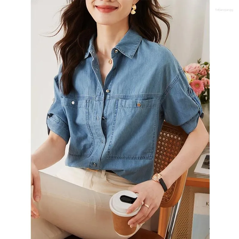 Kvinnor BLOUSES 2023 Summer Simple Fashion Single-Breasted Korean Loose Vintage Kort ärm All-Match Blue Denim Shirt for Women Z364
