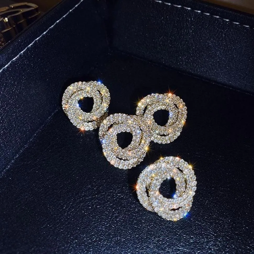 Stud Elegant Full Rhinestone Crystal Geometric Earrings For Women Circles Around Big Wedding Party JewelryStud254C