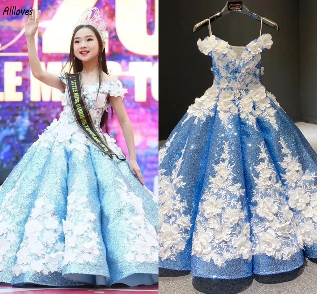 Céu azul brilhante lantejoulas vestidos de concurso de menina linda 3D flores feitas à mão rendas crianças festa formal desgaste casamento vestidos de menina de flor criança vestido de baile CL2988