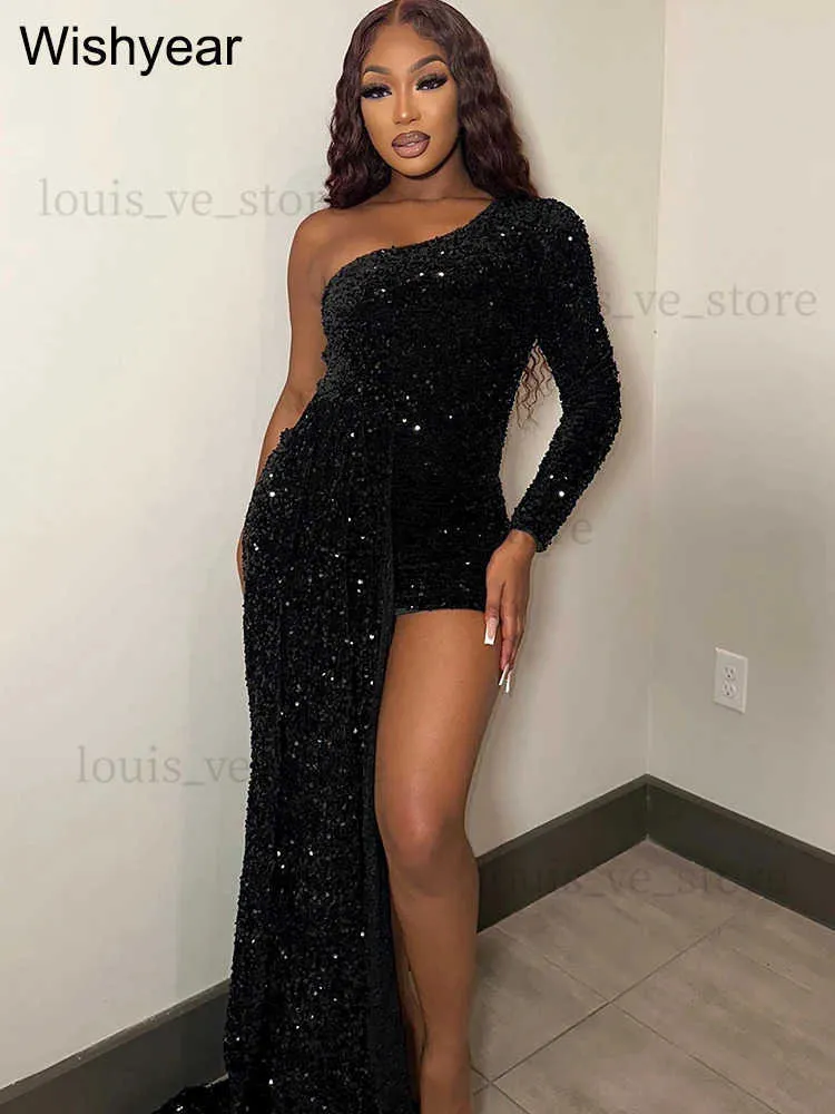 Urban Sexy Dresses Elegant Autumn Sequined One Shoulder Long Sleeve Birthday Bodycon Mini Dress Women's Outfits Party Club Sexy Festivals Vestidos T231202