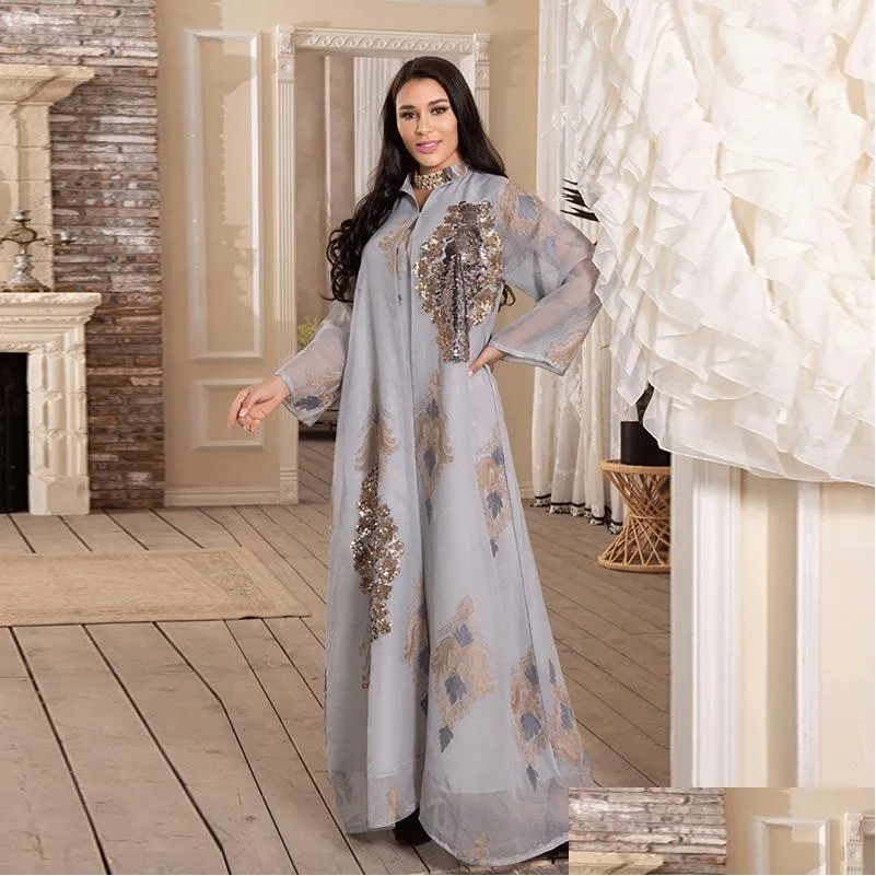 Etniska kläder Eid Abaya Dubai Turkiet Sequin Mesh Muslim Aftonklänningar Caftan Abayas för kvinnor Marockan Kaftan Islam Djellaba Femme Dhvto