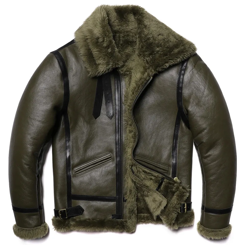 Men S Leather Faux Green Thick Shearling Wool Jacket Original Ecological Päls äkta fårskinn Male Varma rockar Flight Jackor 231202