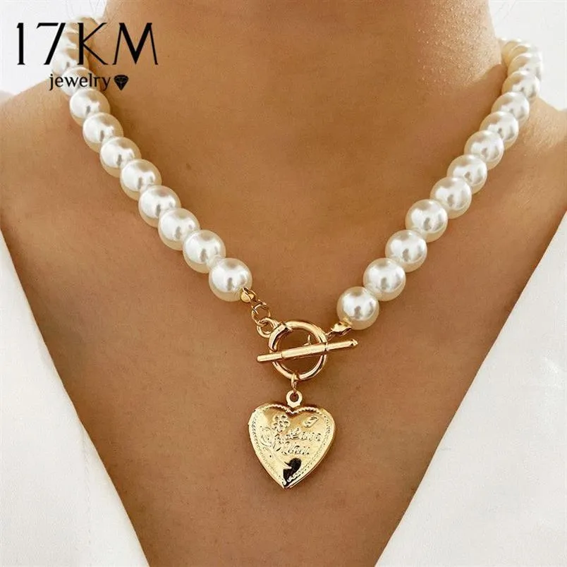 17 KM Vintage Hochzeit Perle Choker Halskette Für Frauen Geometrische Herz Münze Lock Anhänger Halsketten Schmuck collier de perles269L