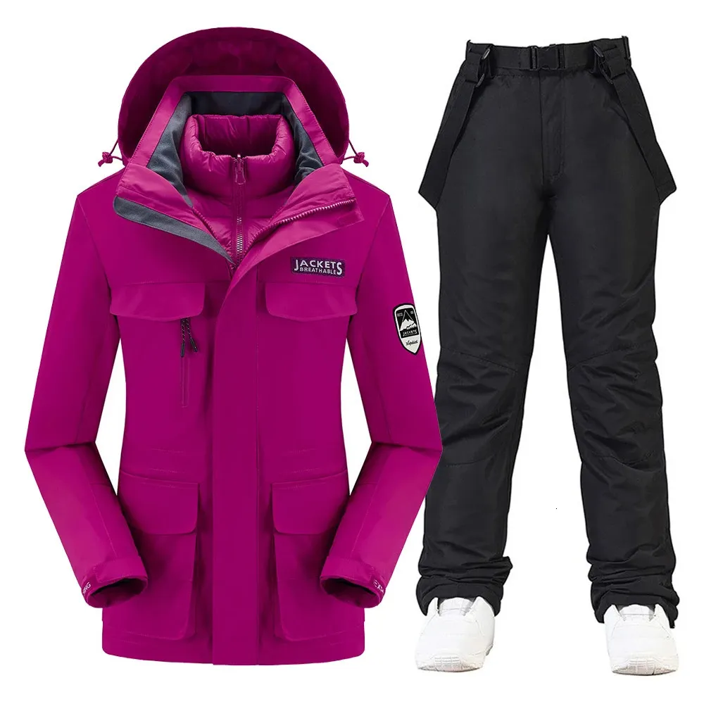 スキースーツスキースーツスノーボード女性風力防水暖かい濃厚な雪のズボンとダウンジャケットの服セット冬231202