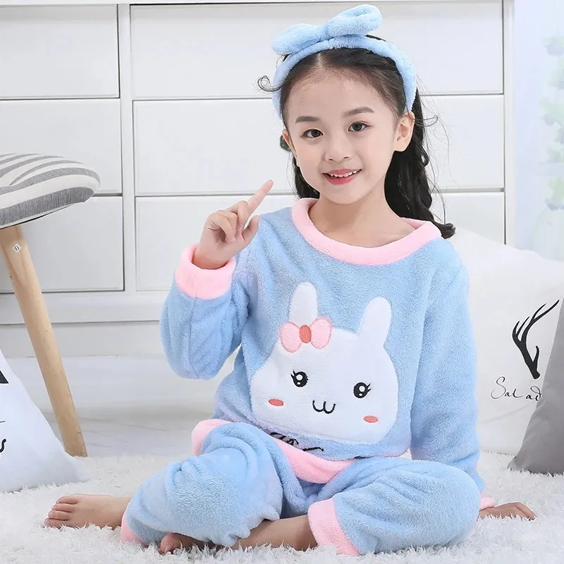 Pijamalar Kalın Pazen Pijamalar Çocuklar İçin Set Homewear Sıcak Çocuk Kız Pijama Loungewear Coral Polar 3-12T Öğrenciler Trailsuit Nightwear 231202