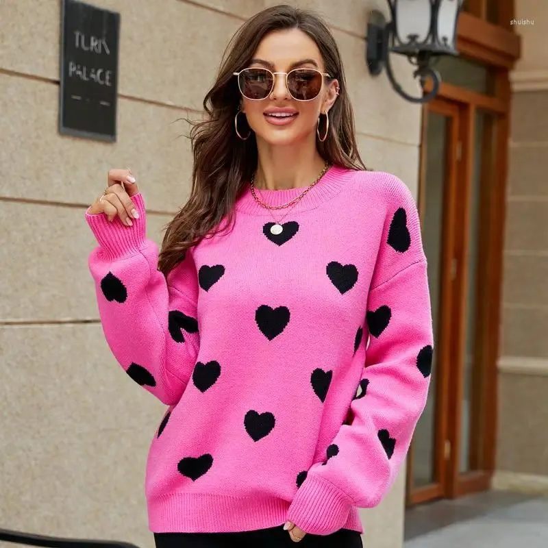 Женские свитера для девочек, стильный милый и милый свободный свитер с узором «любовь», модный пуловер с круглым вырезом, жаккардовый вязаный свитер с длинными рукавами