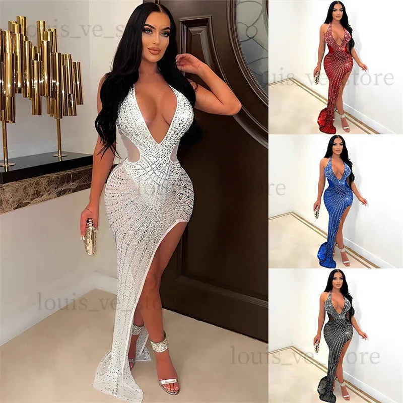 Robes sexy urbaines diamants transparents en mailles de soirée robe de fête femme sexy v cou halte dos sans dossier haut carrosse