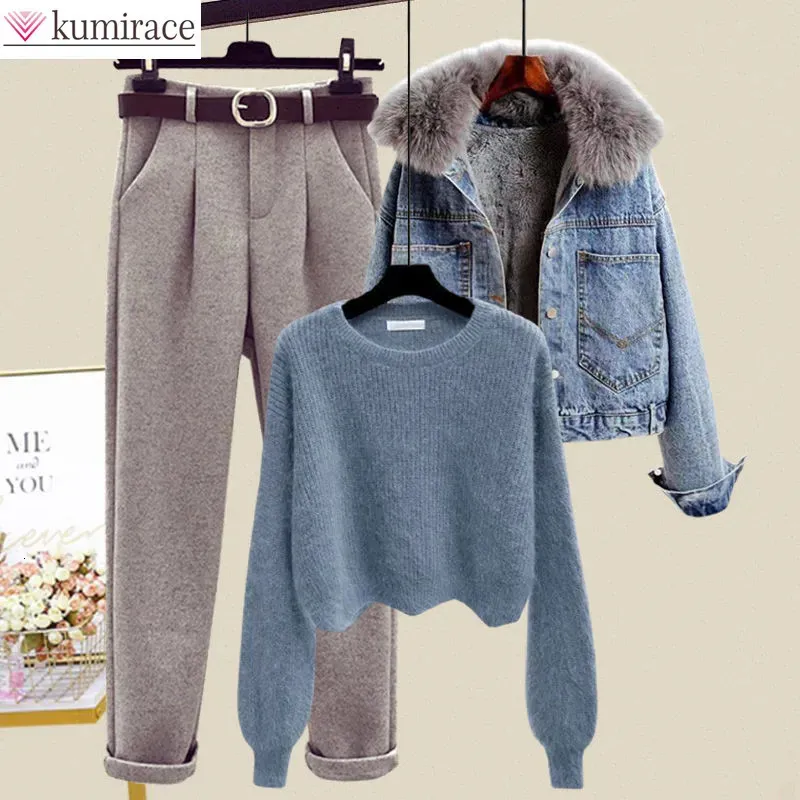 Women's Two Piece Pants Winter Plush Thickened Wool Collar Denim Jacket Knitting Sweater Flocking Casual Trousers Three Elegant Suit 231201