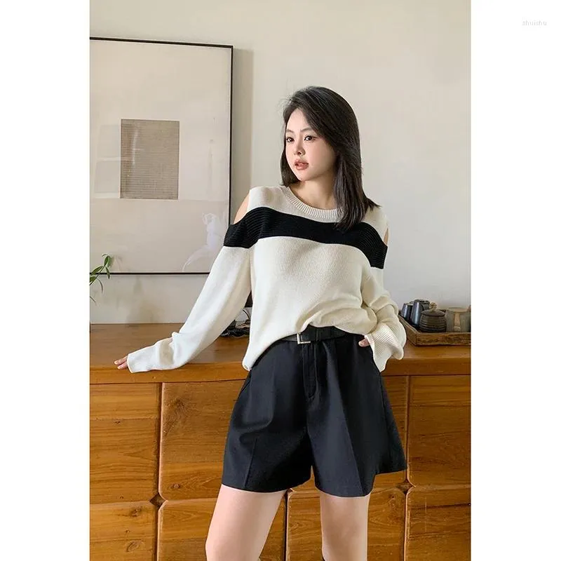 Women's Sweaters Women White Bare Shoulders Stripes Fashion Leisure Lazy Wind Loose Winter Female Long Sleeve Thickening Knitting Pullover