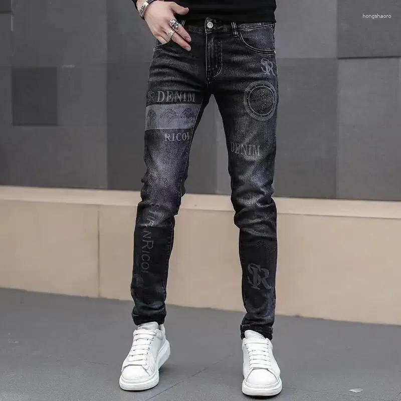 Jeans pour hommes Pantalons Skinny Man Cowboy Pantalon Stretch avec strass Imprimer Slim Fit Tuyau serré Élastique Y2k Vintage Washed Goth