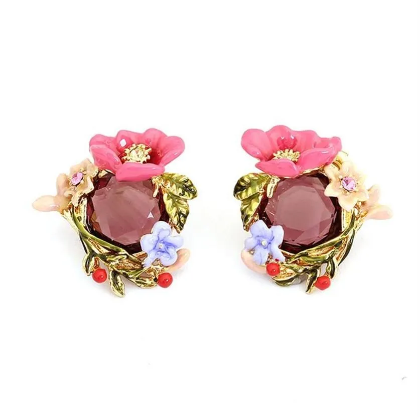 Boucles d'oreilles en émail rose, série jardin d'hiver, fleur de pivoine, Branches enroulées en cristal, aiguille en argent 925, Niche Design2923