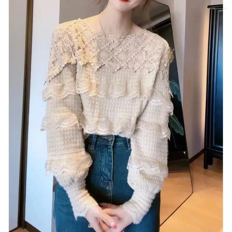 Frauen Blusen Shirts Elegante Sanfte Rundhals Langarm Blusas De Mujer Herbst Feste Koreanische Mode Bluse Frauen