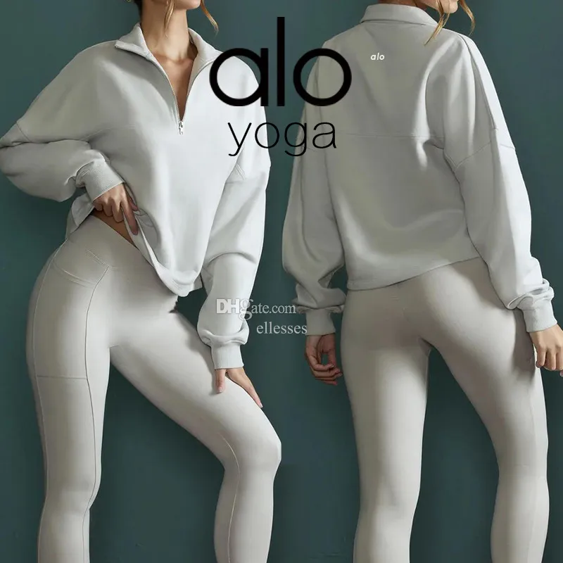 Desginer Aloo Yoga Yoga Clothing新しいハイネックフィットネススポーツトップ女性スタンドアップカラーランニングジッパールーズロングスリーブセーター