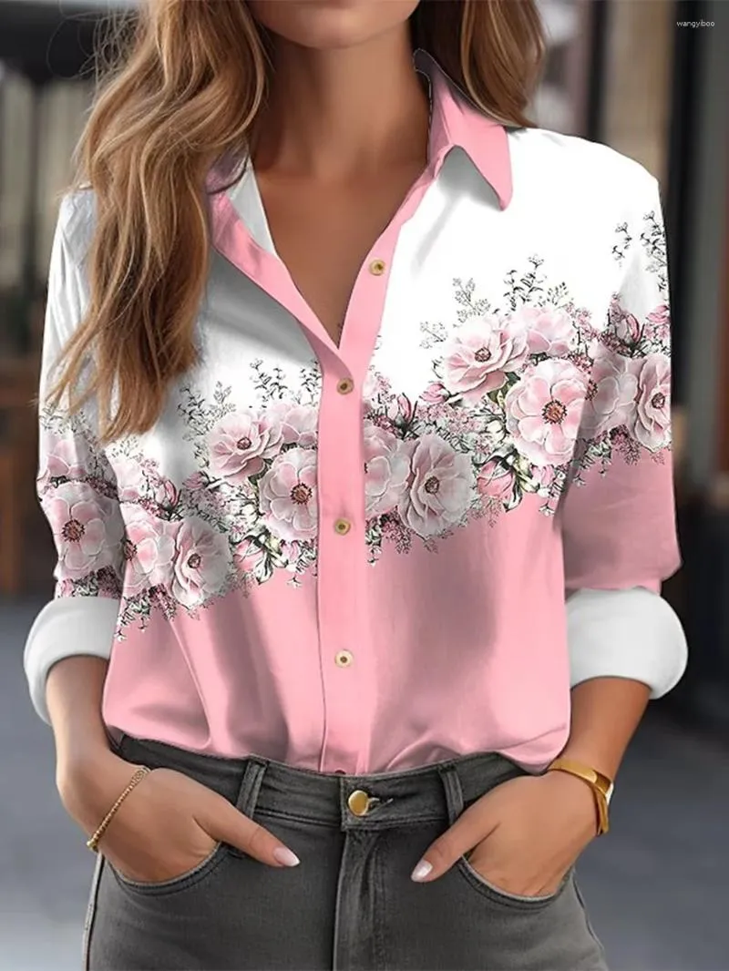 Camicette da donna Camicie da donna Camicia elegante a maniche lunghe con stampa floreale verde chiaro rosa con bottoni Camicetta per abbigliamento femminile alla moda per feste