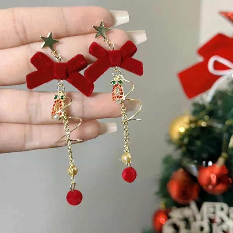 Dangle Earrings Exquisite Christmas Bow Star Rhinestone Bell Flocked Survers Tassel for Women Winter Aesthetic Charmedアクセサリー