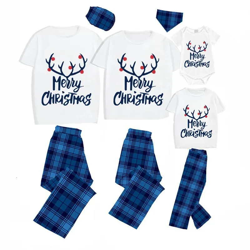 Familjsmatchande kläder Julpyjamas Merry Elk Antlers Blue Plaids Kort ärmuppsättning 231202