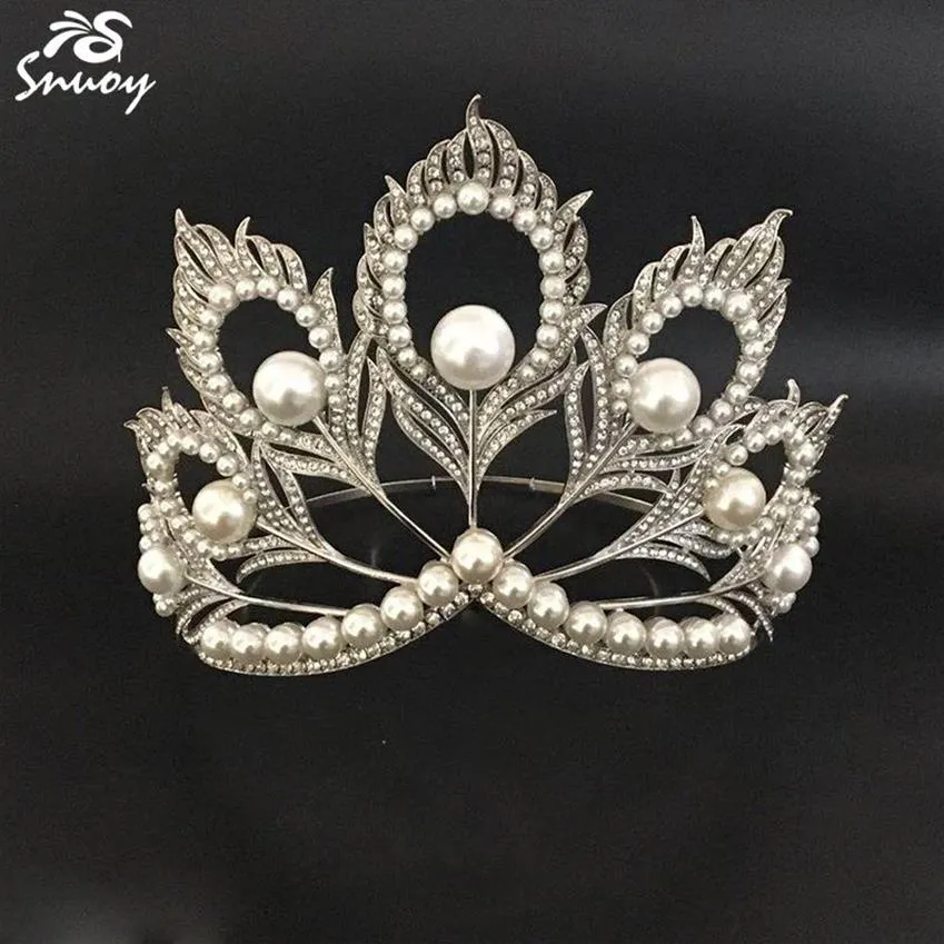 Miss Univers Couronnes Plumes De Paon Perles Diadème Rond Complet Reine De Beauté Couronne Grande Pour Pageant Femmes Bijoux Accessoires De Cheveux C1286i