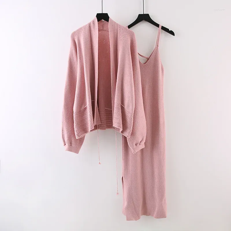 Work Dresses Autumn Vintage Lady Pink Knitting Suit Women's Two-Piece Set Solid Loose Hollow Cardigan Sweater Suspender Dress Female Outfit