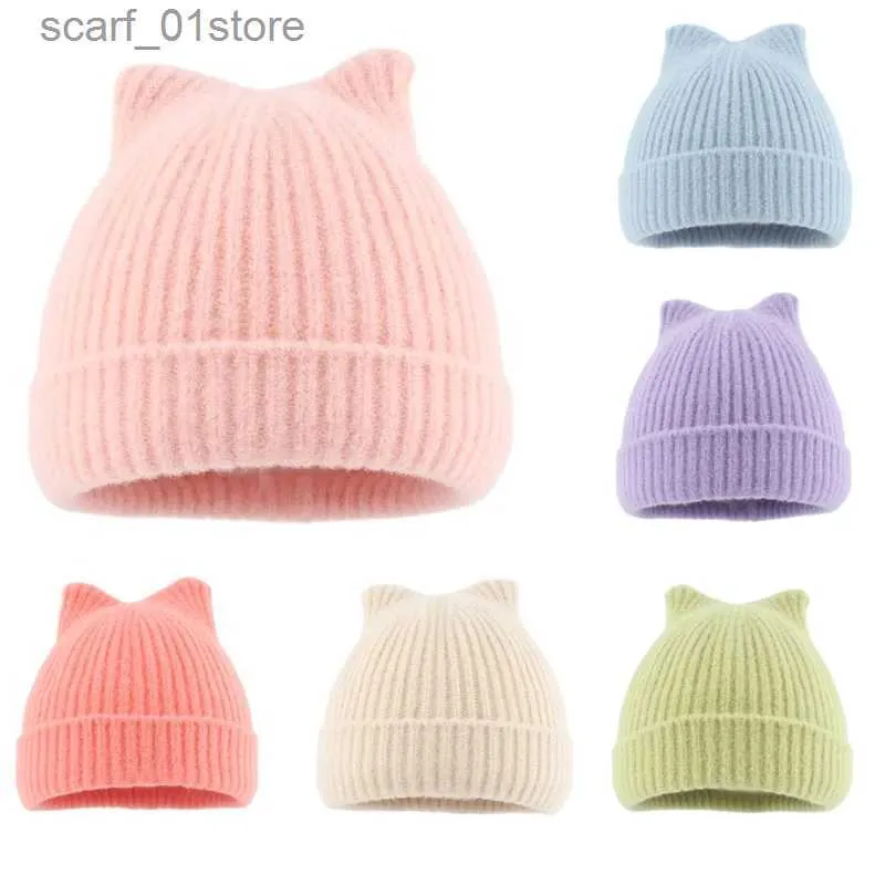 Beanie/Skull Caps Solid Color Autumn Winter Wool Knit Hat Baby varmare Beanie för barn Nyfödd spädbarn Tecknad söta kattörar Sticked C Bonnetl231202
