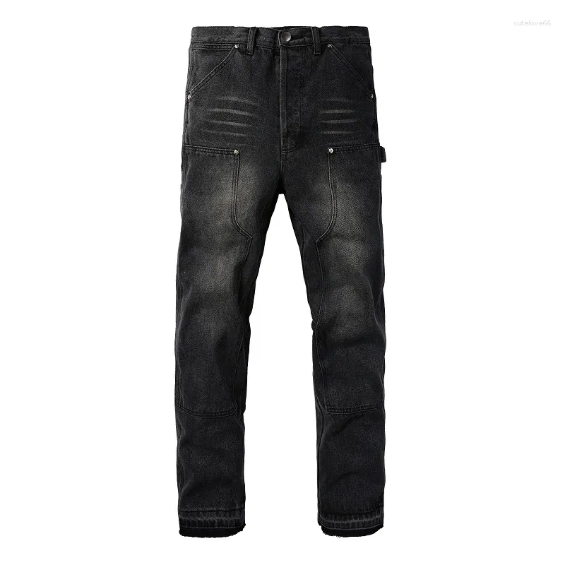 Jeans masculinos homens franja denim streetwear perna larga bolsos calças de carga botões soltos preto não estiramento calças