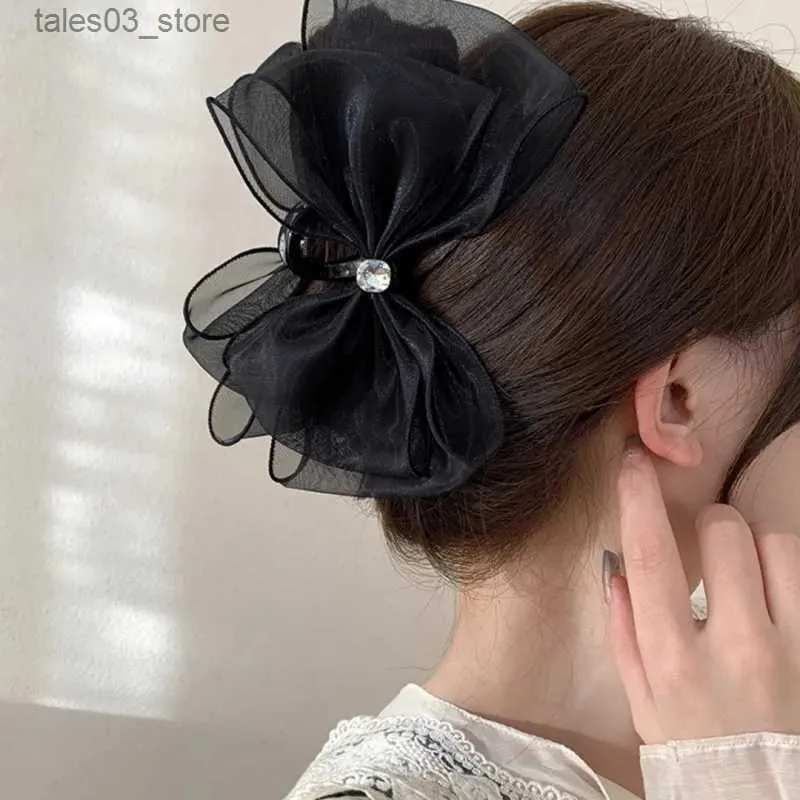 Headwear Hair Accessories Super Big Mesh Bow Women Rhinestone Hair Claw Hairwear Temperament La Chiffon Bowknot Hair Clip Claw Fashion Hair Accessory Q231204