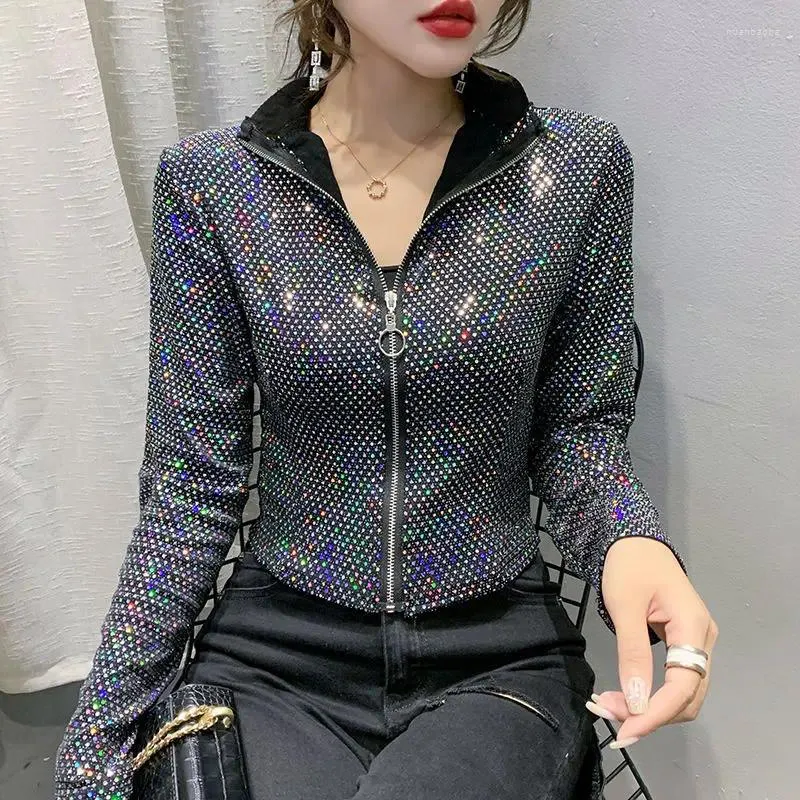 Giacche da donna YOUYIDE Giacca autunnale da donna con paillettes glitterate corta moda femminile manica lunga design senso camicia con fondo sexy