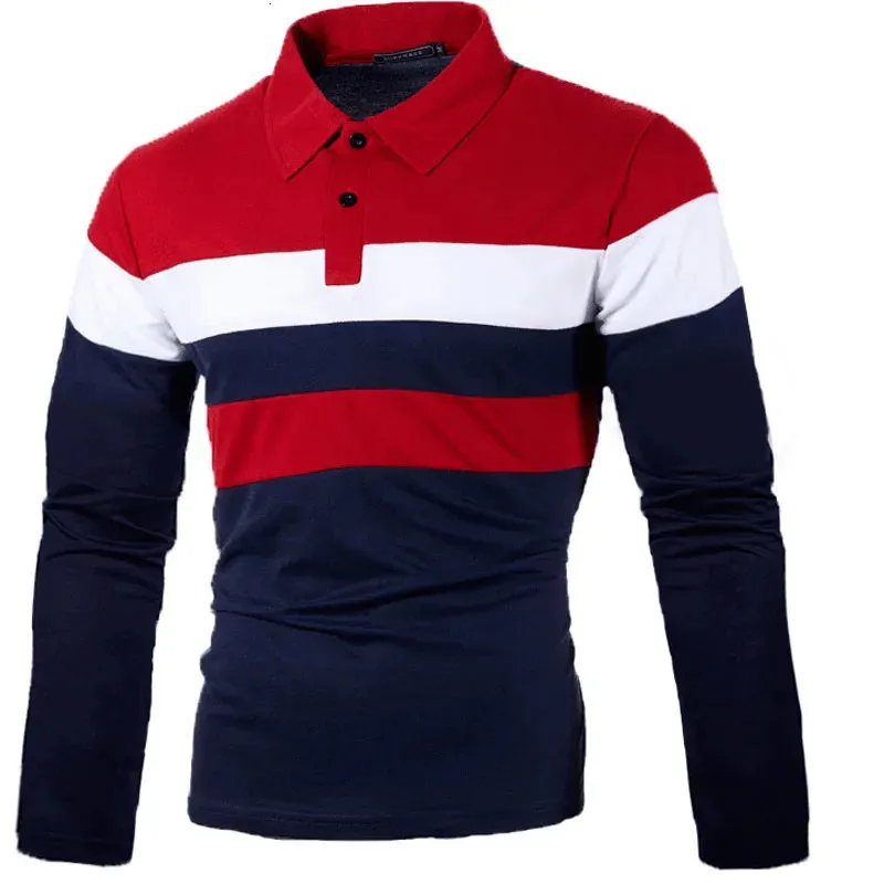 Herrpolos vårpolo t -shirt för män långärmad mode sportkläder casual bred randig polo homme lapel manliga toppar kläder my906 231202