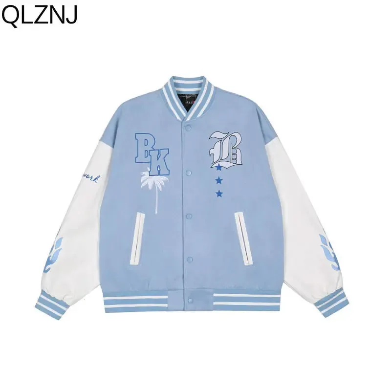 Jaquetas masculinas Vintage Bomber Varsity Jaquetas Homens Y2K Oversized Manga Longa Jaqueta Universitária Carta Bordado Baseball College Casaco Azul Tops 231202