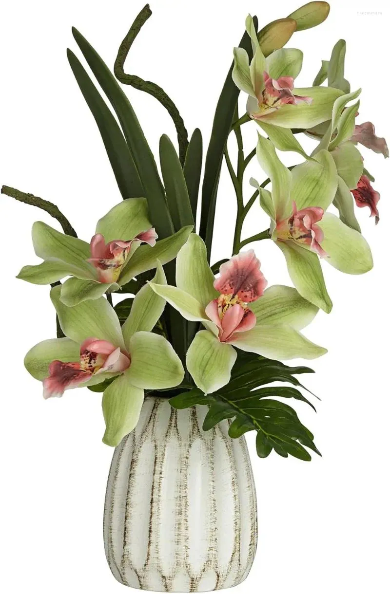 Dekoracyjne kwiaty donite Faux sztuczne aranżacje realistyczne zielone różowe orchidea cymbidium w białym ceramicznym garnku dekoracja domu