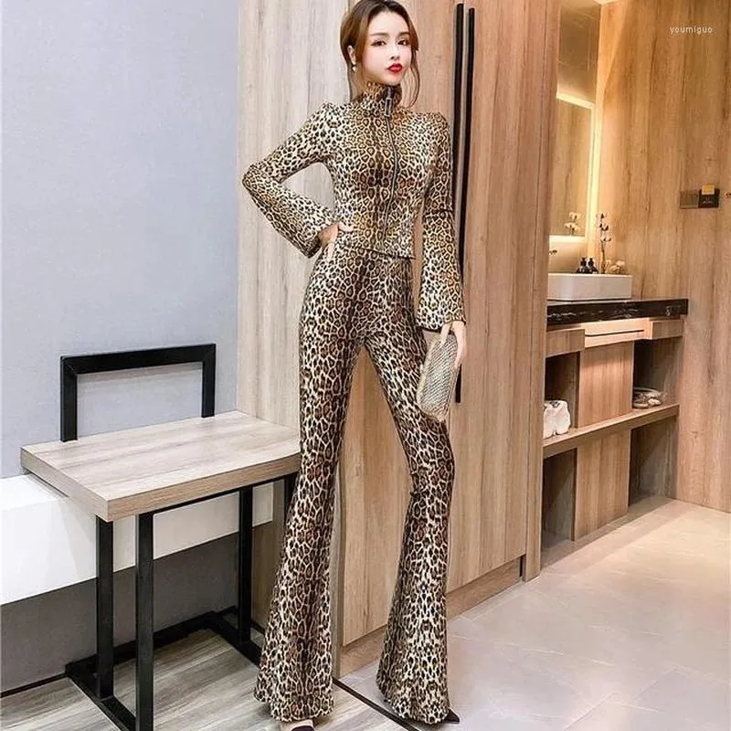 Women's Two Piece Pants Pieces Set Women Spring Trend Leopard Print Crop Top Sets Y2k Clothes Lounge Vacation Club Outfit Streetwear E404