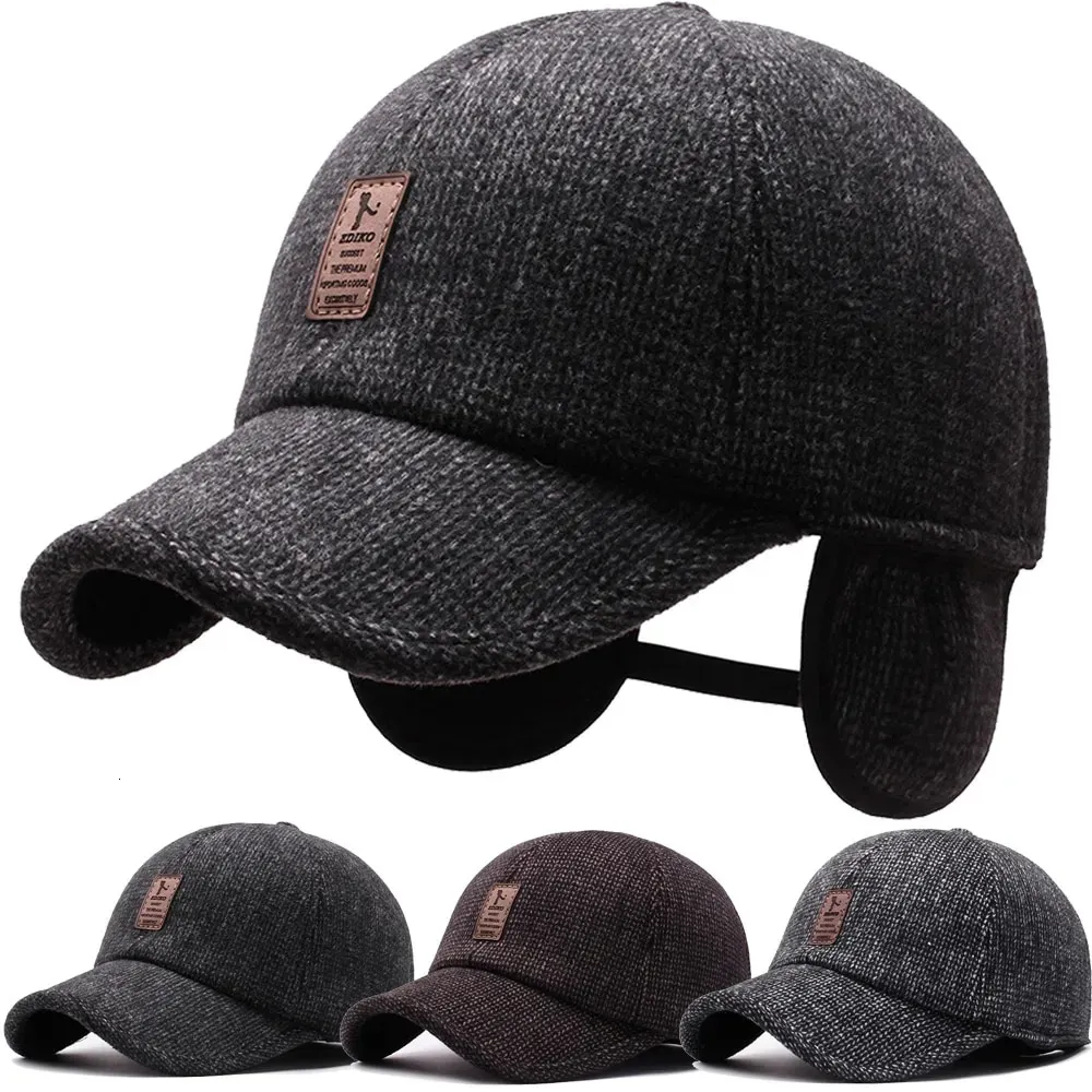 Ball Caps Baseball Cap Woolen Knitted Winter Ear Cover Men Thicken Warm Hats with Earflaps Sport Golf 231201