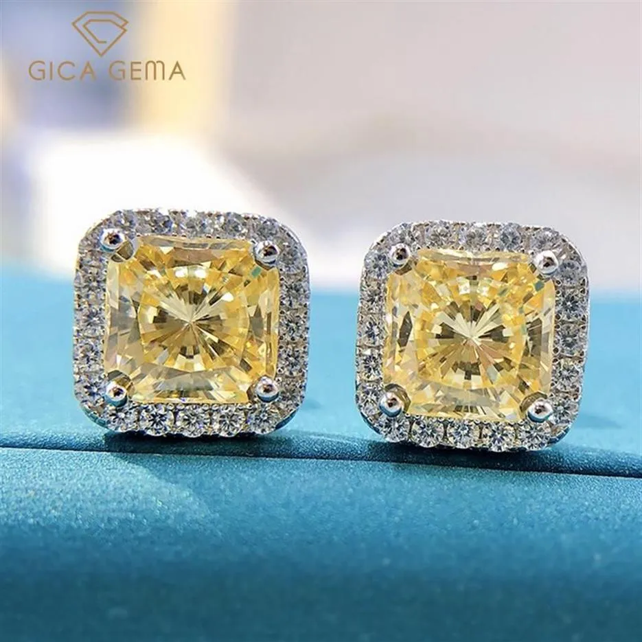 Stud GICA 925 Sterling Silver 7 7mm Rosa Amarelo Alto Carbono Brincos de Diamante para Mulheres Espumantes Casamento Fine Jewelry Gift3057
