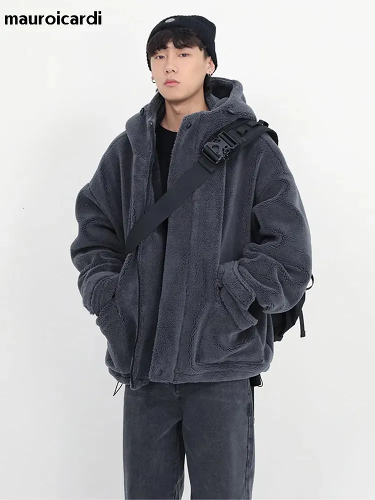 Veste Sherpa en fausse fourrure pour homme, épaisse et chaude, surdimensionnée, gris foncé, avec capuche zippée, moelleuse, ample et décontractée, en agneau, hiver, 231201
