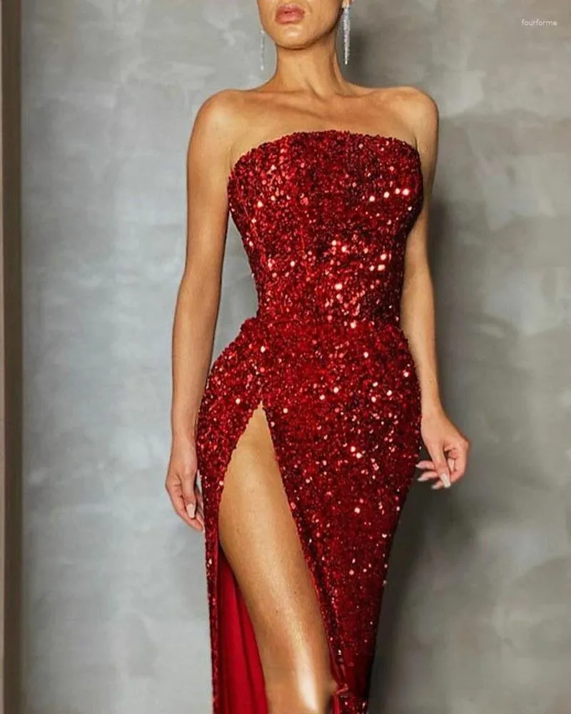 Red Sequin Strapless Glitter Evening Dress With High Slit Elegant For  Casual, Party, And Club Wear In Autumn/Spring 2023 From Fourforme, $23.97
