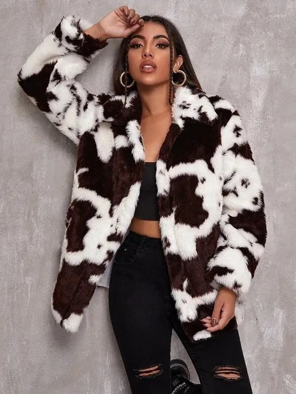 Pele feminina outono inverno padrão de vaca preto e branco casaco falso senhoras solto streetwear fofo quente macio jaqueta tamanho grande S-4XL