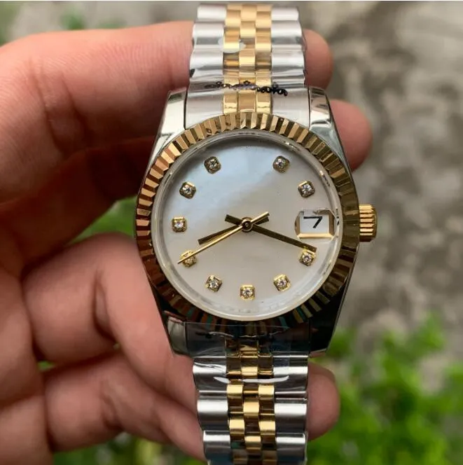 Preço Especial Relógio feminino dourado 2 tons, pulseira triangular com padrão pit anel externo 31mm, relógio mecânico automático para mulheres