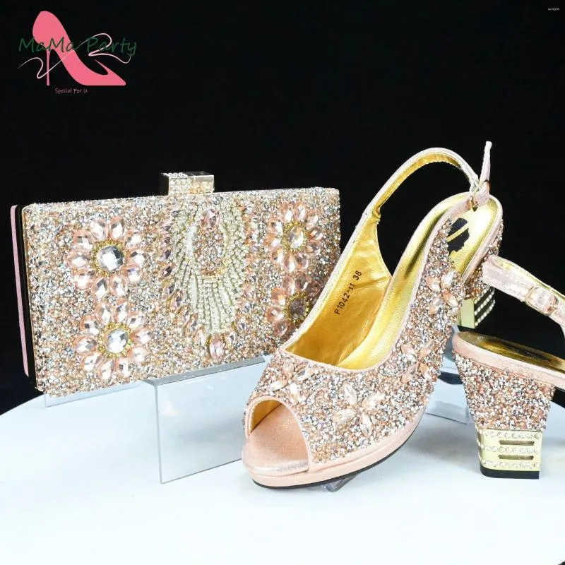 Retro Italian Womens Dress Shoes Bag Set in Champagne Color with Platform for Wedding